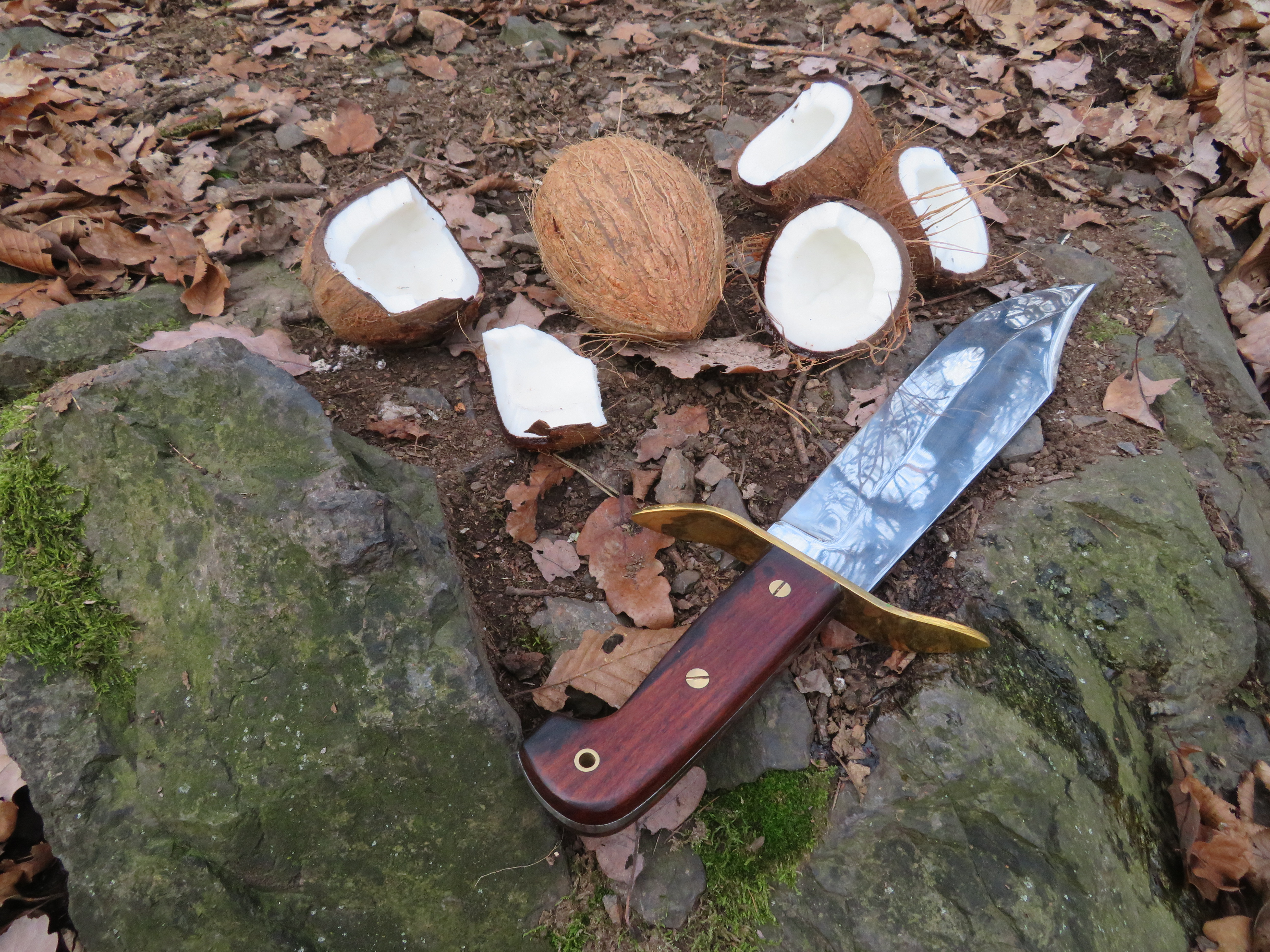 Rubovou částí čepele nože Wild West Bowie jsem rozbil tři kokosové ořechy.